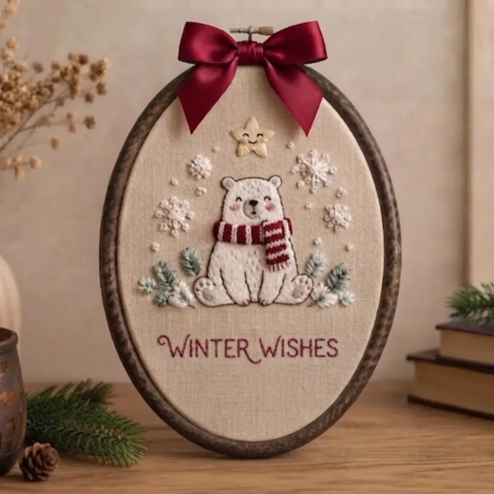 Winter Wishes Embroidery Hoop Art, Polar Bear Christmas Decor, Handmade Holiday Wall Hanging, Nursery Winter Decor YB1603