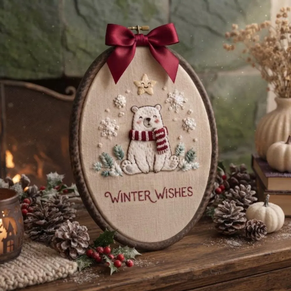 Winter Wishes Embroidery Hoop Art, Polar Bear Christmas Decor, Handmade Holiday Wall Hanging, Nursery Winter Decor YB1603 - Media 2