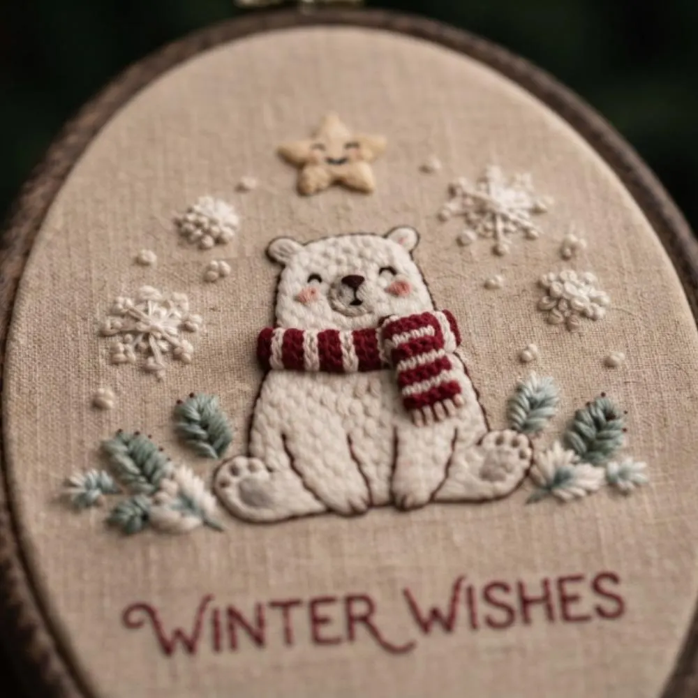 Winter Wishes Embroidery Hoop Art, Polar Bear Christmas Decor, Handmade Holiday Wall Hanging, Nursery Winter Decor YB1603 - Media 3