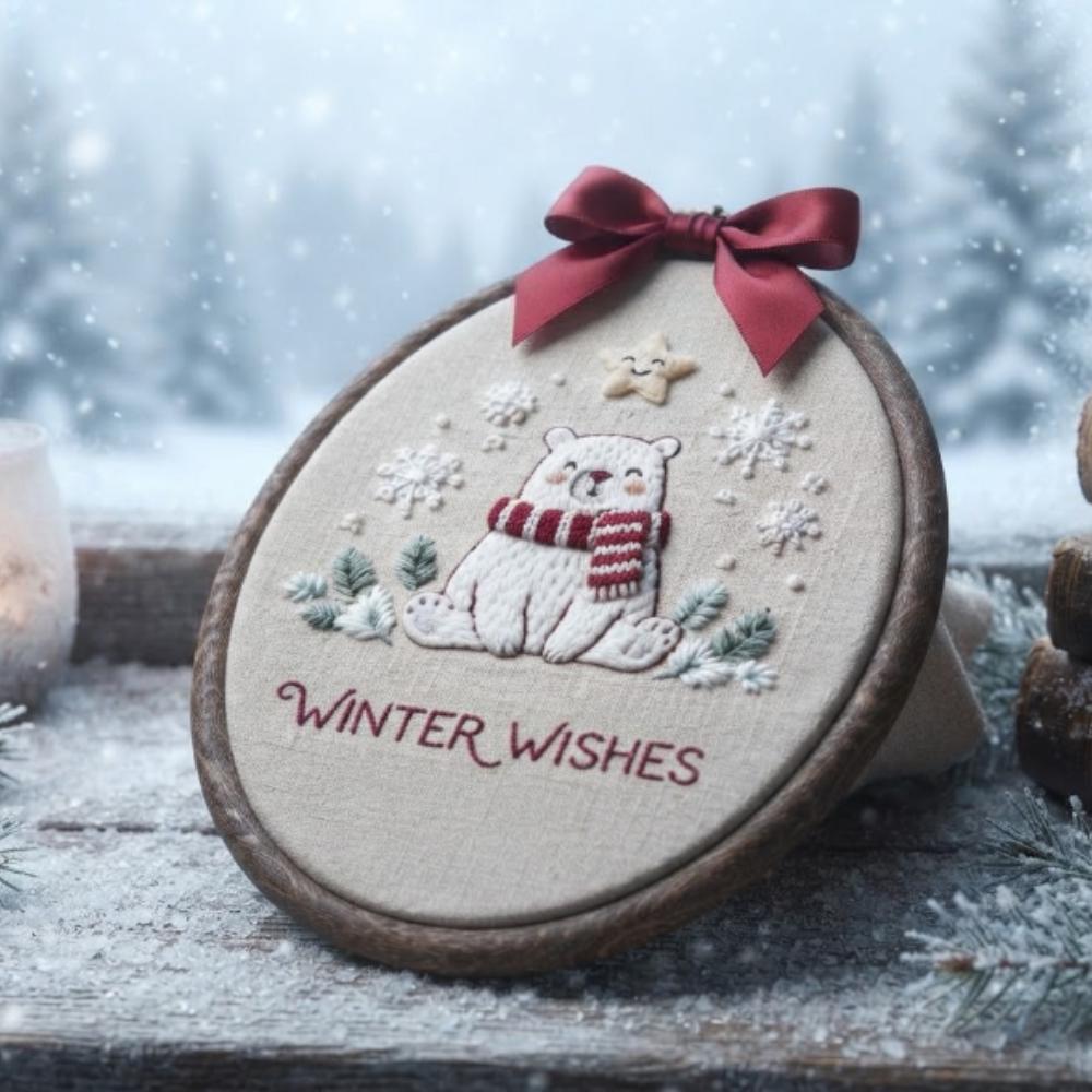 Winter Wishes Embroidery Hoop Art, Polar Bear Christmas Decor, Handmade Holiday Wall Hanging, Nursery Winter Decor YB1603 - Media 4