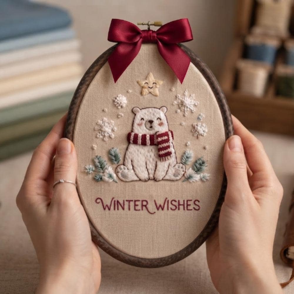 Winter Wishes Embroidery Hoop Art, Polar Bear Christmas Decor, Handmade Holiday Wall Hanging, Nursery Winter Decor YB1603 - Media 5