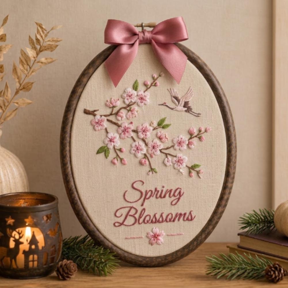 Spring Blossoms Embroidery Hoop Art, Cherry Blossom Wall Decor with Crane Bird, Hand Stitched Sakura Art, Japanese Style Gift YB1603