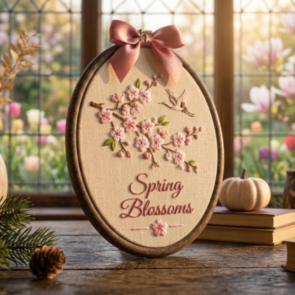 Spring Blossoms Embroidery Hoop Art, Cherry Blossom Wall Decor with Crane Bird, Hand Stitched Sakura Art, Japanese Style Gift YB1603 - Media 2