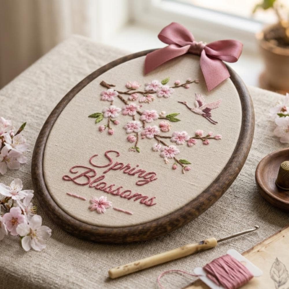 Spring Blossoms Embroidery Hoop Art, Cherry Blossom Wall Decor with Crane Bird, Hand Stitched Sakura Art, Japanese Style Gift YB1603 - Media 3