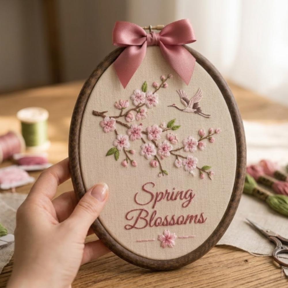 Spring Blossoms Embroidery Hoop Art, Cherry Blossom Wall Decor with Crane Bird, Hand Stitched Sakura Art, Japanese Style Gift YB1603 - Media 4