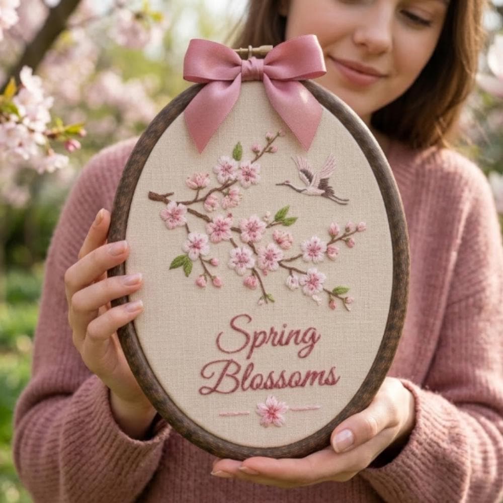 Spring Blossoms Embroidery Hoop Art, Cherry Blossom Wall Decor with Crane Bird, Hand Stitched Sakura Art, Japanese Style Gift YB1603 - Media 5