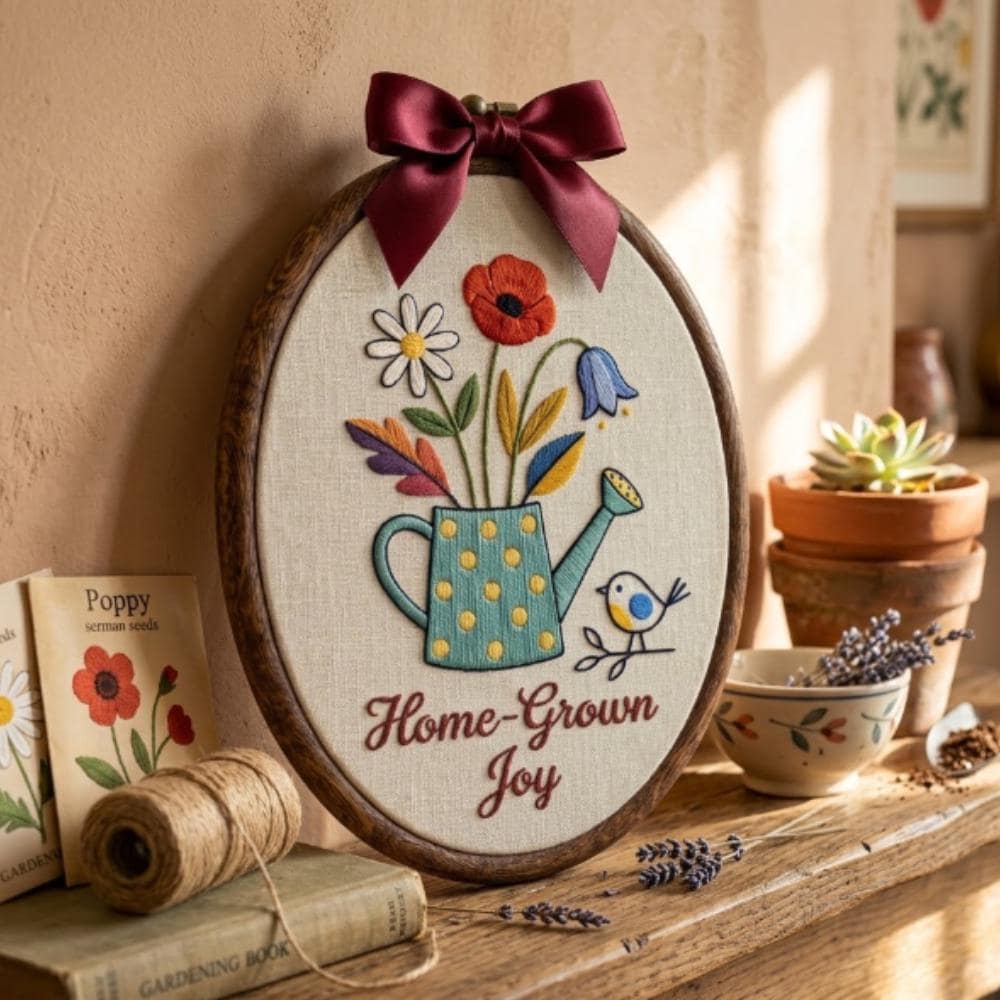 Home-Grown Joy Embroidery Hoop Art, Floral Watering Can Wall Decor, Handmade Garden Lover Gift, Cottagecore Home Decor YB1603