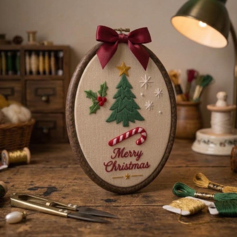 Merry Christmas Embroidery Hoop Art, Oval Holiday Wall Decor, Handmade Christmas Tree Sign with Red Bow, Festive Candy Cane Decor YB1603