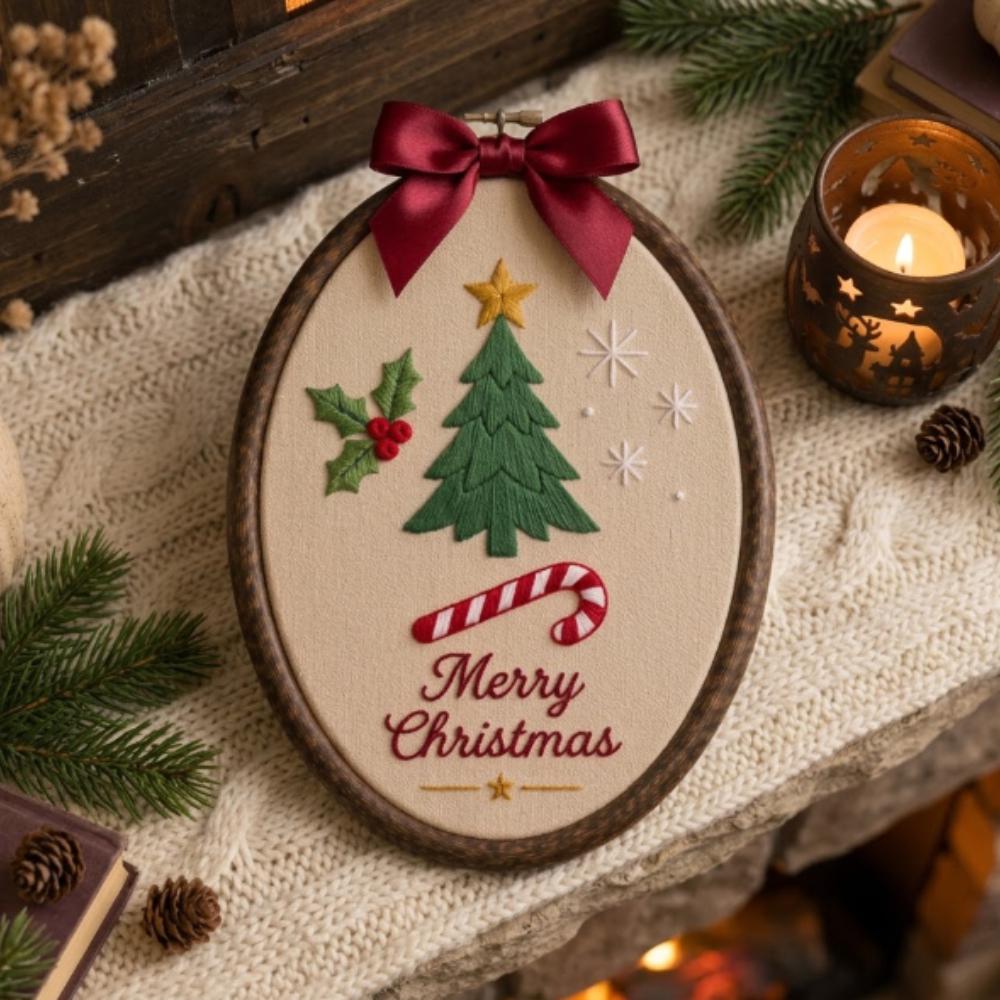 Merry Christmas Embroidery Hoop Art, Oval Holiday Wall Decor, Handmade Christmas Tree Sign with Red Bow, Festive Candy Cane Decor YB1603 - Media 2