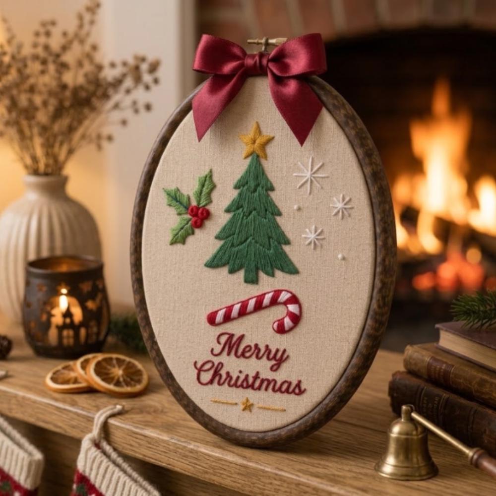 Merry Christmas Embroidery Hoop Art, Oval Holiday Wall Decor, Handmade Christmas Tree Sign with Red Bow, Festive Candy Cane Decor YB1603 - Media 3