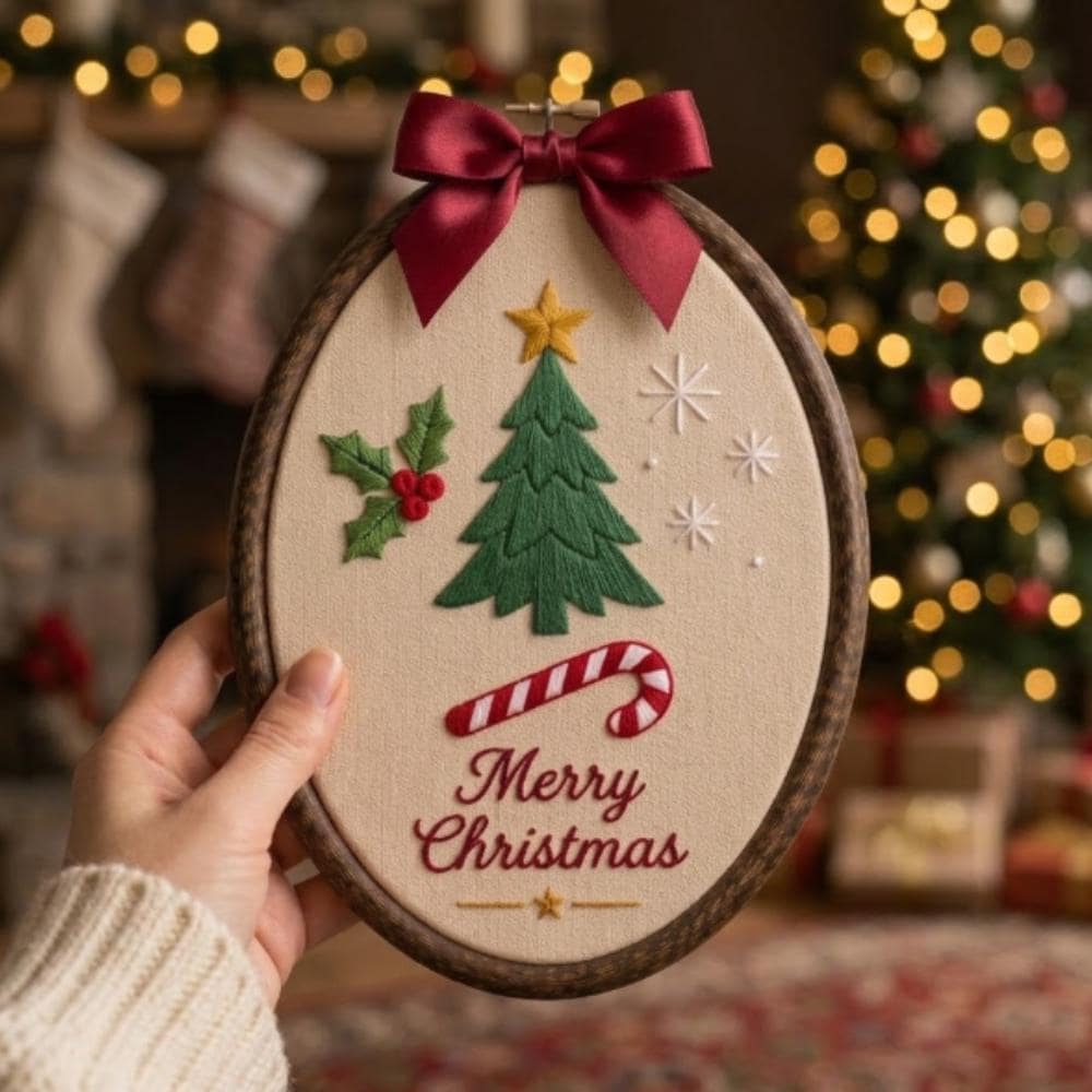 Merry Christmas Embroidery Hoop Art, Oval Holiday Wall Decor, Handmade Christmas Tree Sign with Red Bow, Festive Candy Cane Decor YB1603 - Media 4