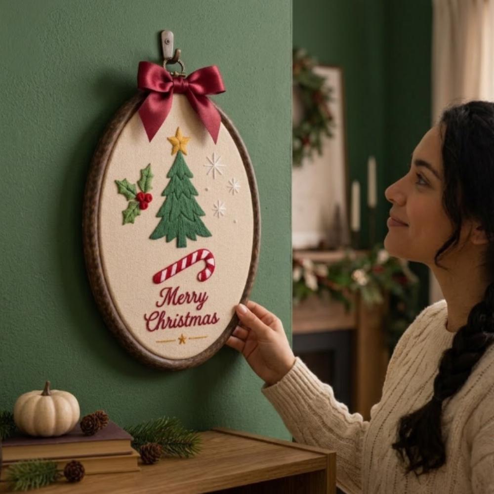 Merry Christmas Embroidery Hoop Art, Oval Holiday Wall Decor, Handmade Christmas Tree Sign with Red Bow, Festive Candy Cane Decor YB1603 - Media 5