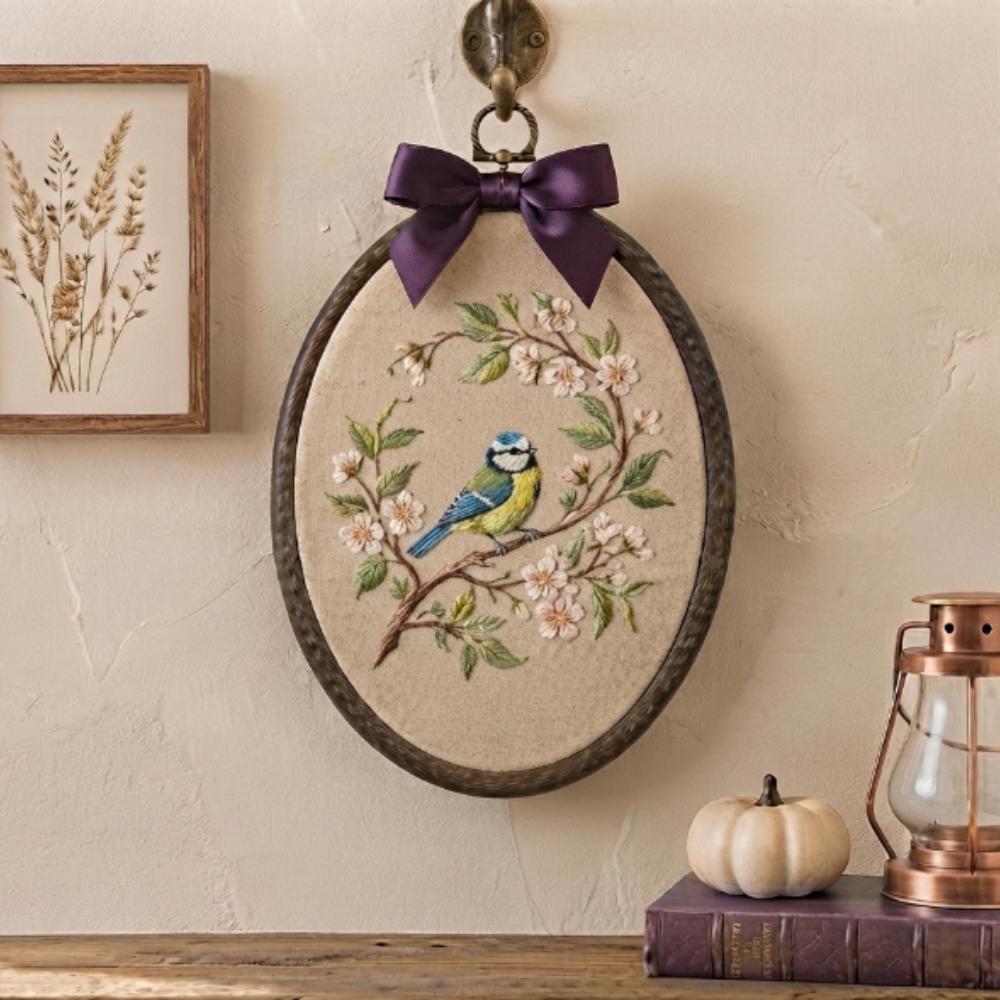Blue Tit Bird Embroidery Hoop Art, Oval Framed Botanical Wall Decor, Spring Blossom Flower Art, Cottagecore Aesthetic Decor YB1603