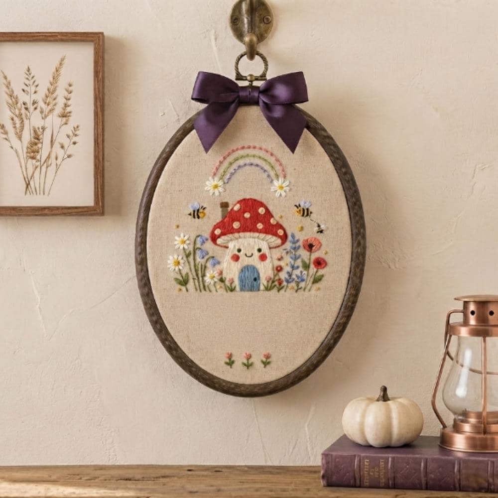 Mushroom House & Rainbow Embroidery Art, Oval Cottagecore Wall Decor, Whimsical Toadstool and Bee Nursery Art, Fairycore Gift YB1603