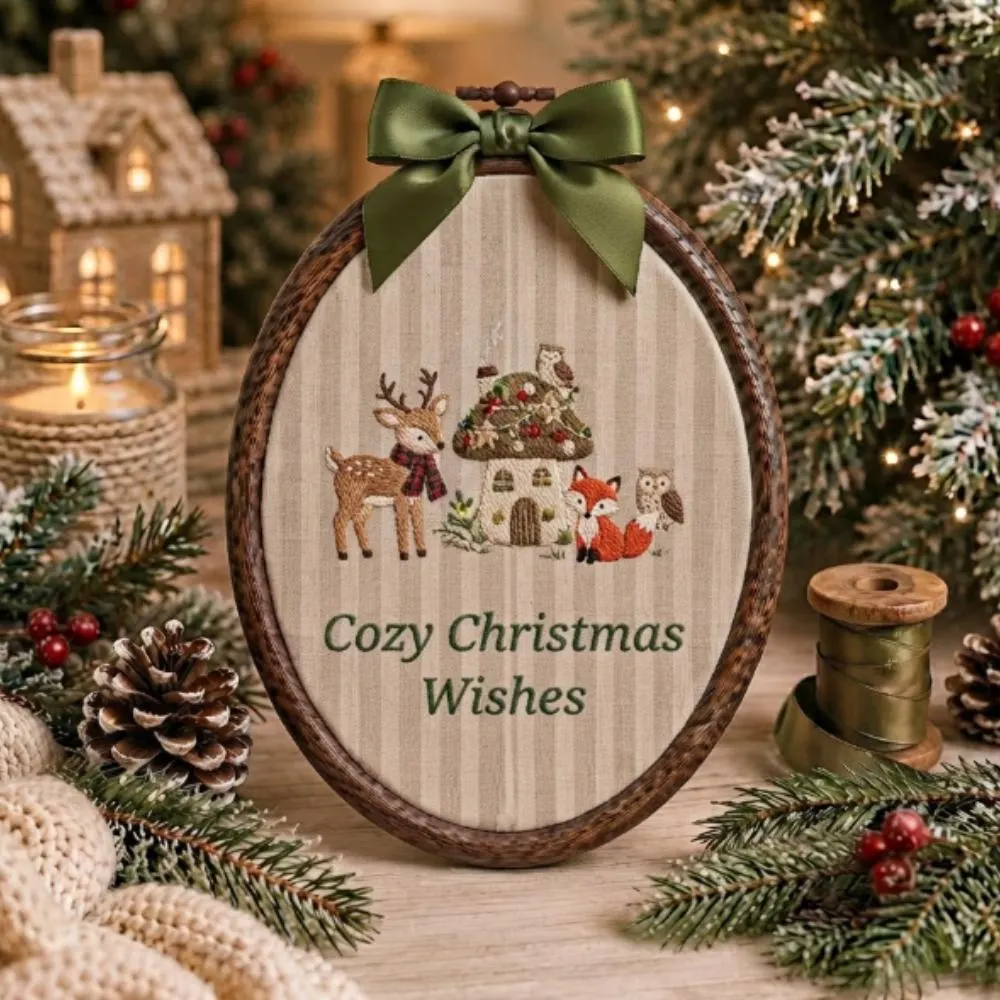 Cozy Christmas Wishes Embroidery Hoop Art, Oval Woodland Decor with Deer, Rustic Holiday Wall Hanging, Whimsical Winter Gift YB1603
