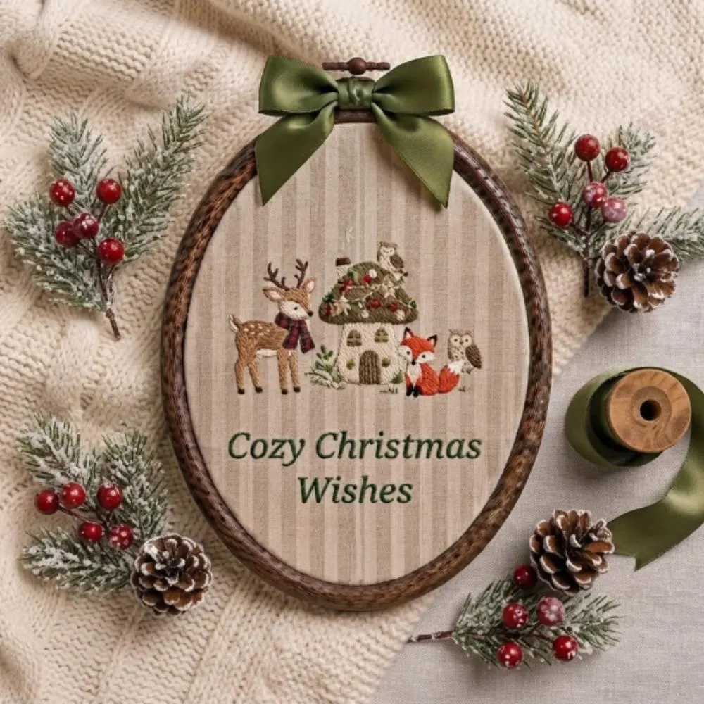 Cozy Christmas Wishes Embroidery Hoop Art, Oval Woodland Decor with Deer, Rustic Holiday Wall Hanging, Whimsical Winter Gift YB1603 - Media 2