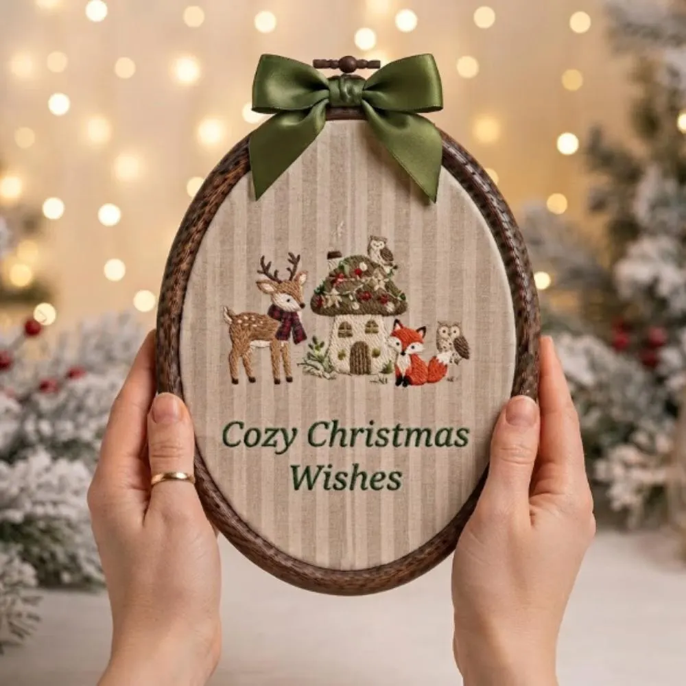 Cozy Christmas Wishes Embroidery Hoop Art, Oval Woodland Decor with Deer, Rustic Holiday Wall Hanging, Whimsical Winter Gift YB1603 - Media 3