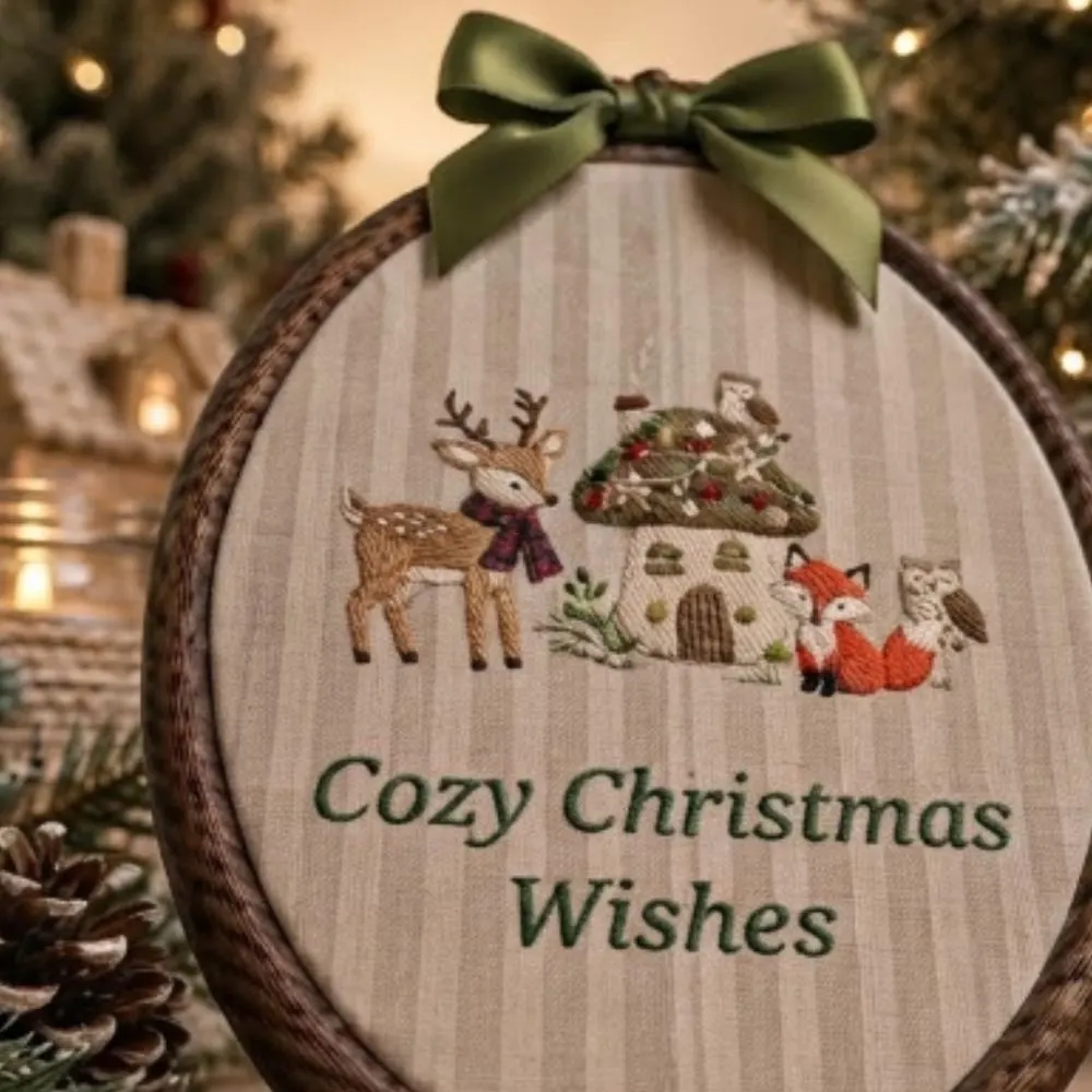 Cozy Christmas Wishes Embroidery Hoop Art, Oval Woodland Decor with Deer, Rustic Holiday Wall Hanging, Whimsical Winter Gift YB1603 - Media 4