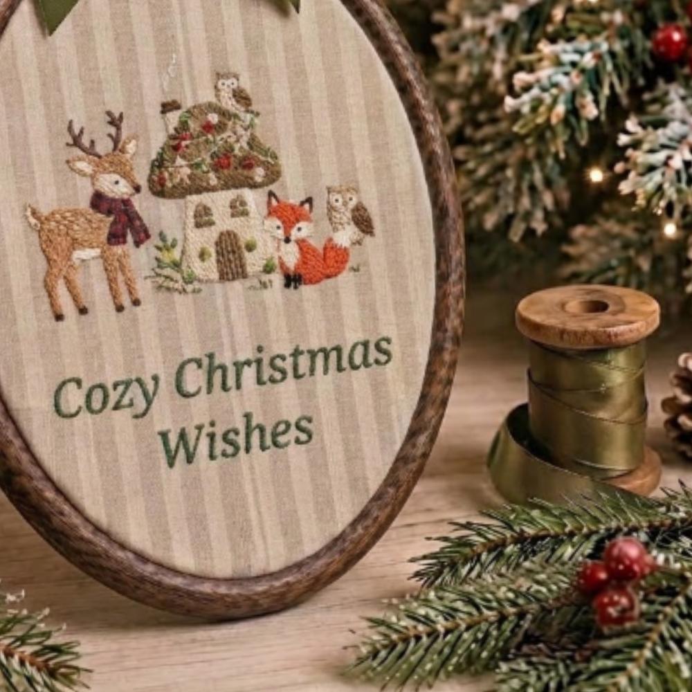 Cozy Christmas Wishes Embroidery Hoop Art, Oval Woodland Decor with Deer, Rustic Holiday Wall Hanging, Whimsical Winter Gift YB1603 - Media 5