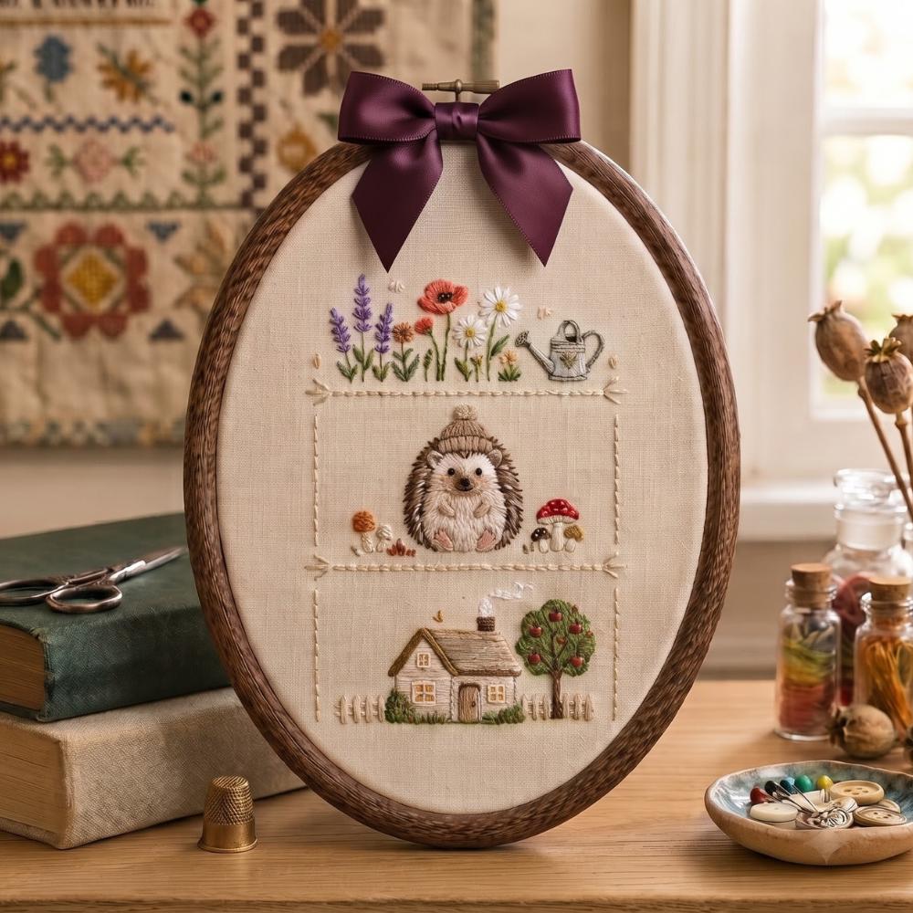 Hedgehog Cottagecore Embroidery Hoop Art, Oval Framed Woodland Wall Decor, Floral Art, Gift for Nature Lovers YB1603