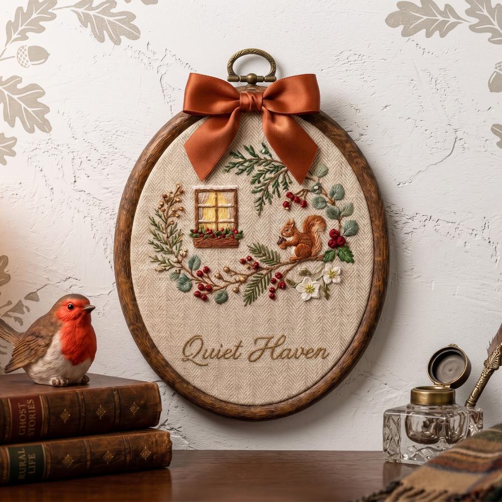 Quiet Haven" Squirrel Embroidery Hoop Art, Cozy Cabin Window Wall Hanging, Woodland Animal Decor, Personalized Housewarming Gift YB1603