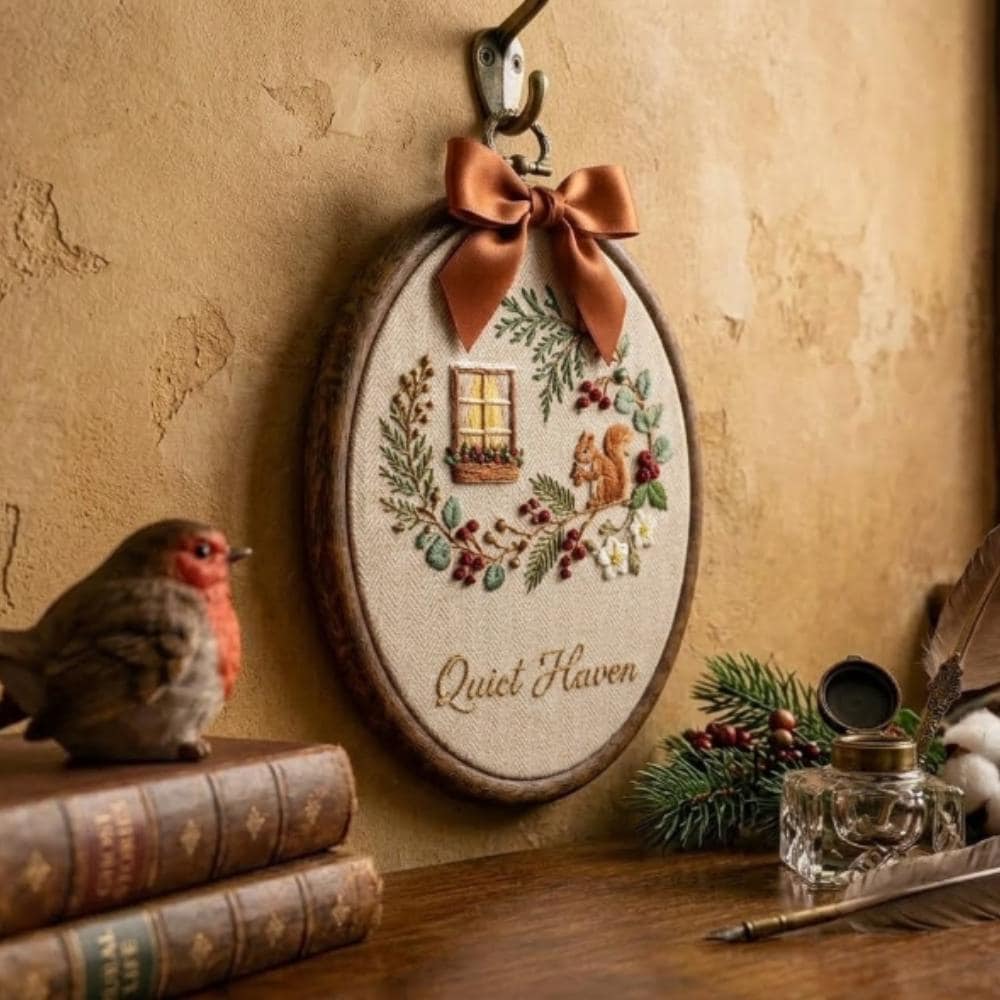 Quiet Haven" Squirrel Embroidery Hoop Art, Cozy Cabin Window Wall Hanging, Woodland Animal Decor, Personalized Housewarming Gift YB1603 - Media 2