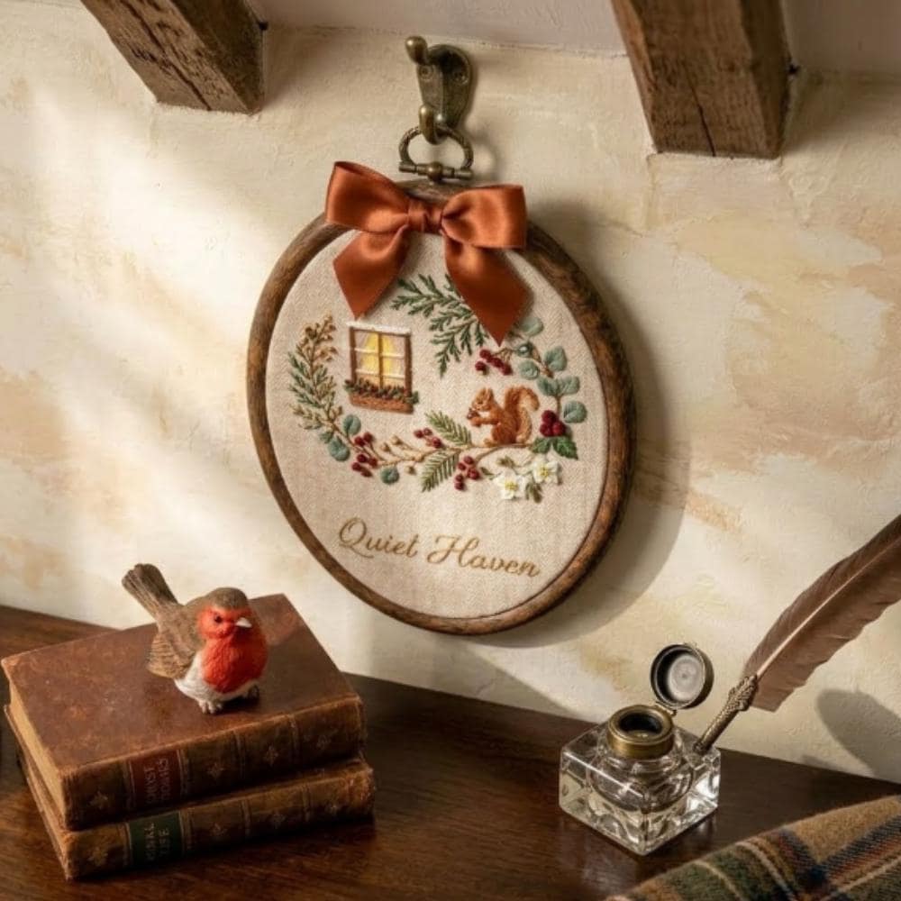 Quiet Haven" Squirrel Embroidery Hoop Art, Cozy Cabin Window Wall Hanging, Woodland Animal Decor, Personalized Housewarming Gift YB1603 - Media 3