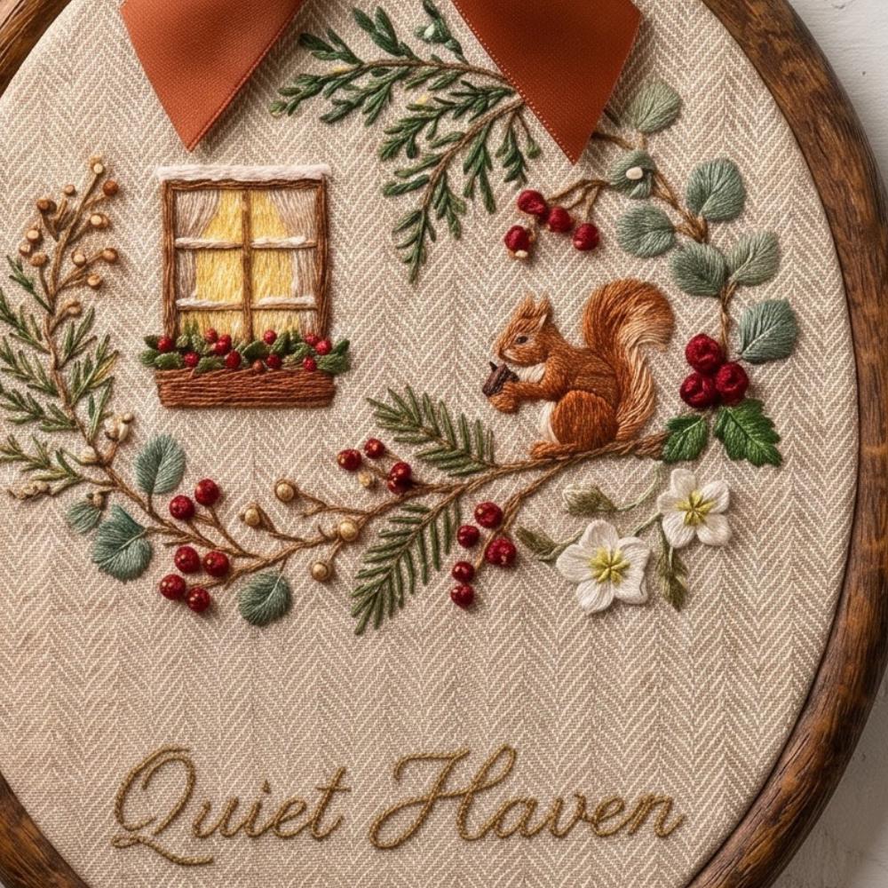 Quiet Haven" Squirrel Embroidery Hoop Art, Cozy Cabin Window Wall Hanging, Woodland Animal Decor, Personalized Housewarming Gift YB1603 - Media 4