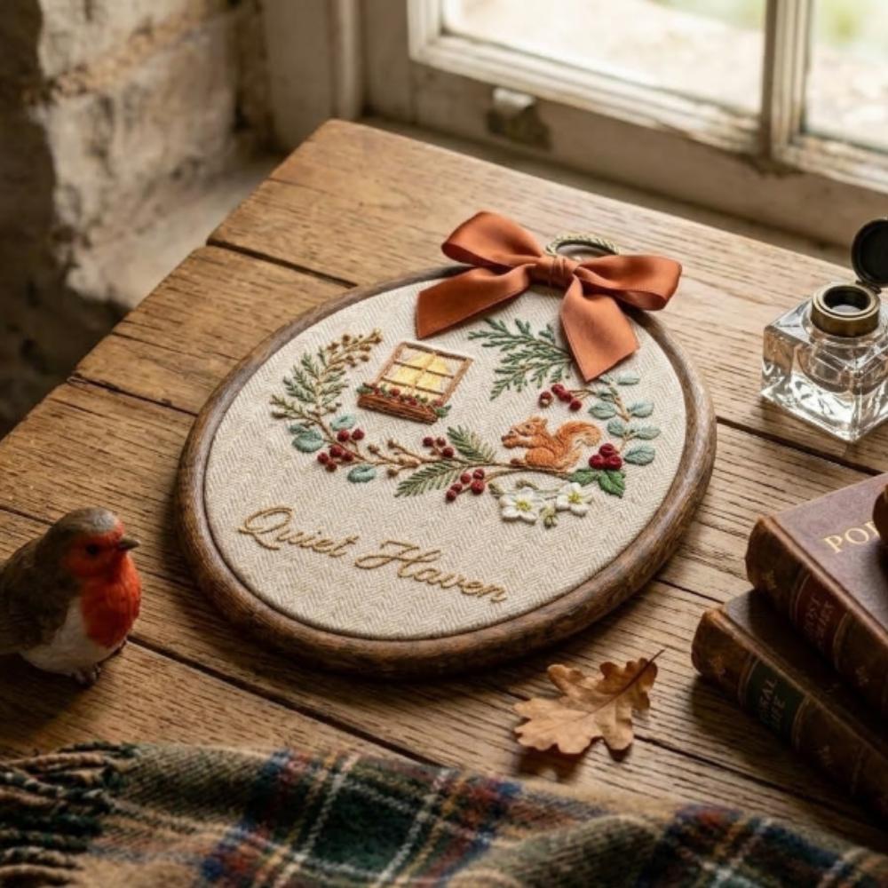 Quiet Haven" Squirrel Embroidery Hoop Art, Cozy Cabin Window Wall Hanging, Woodland Animal Decor, Personalized Housewarming Gift YB1603 - Media 5