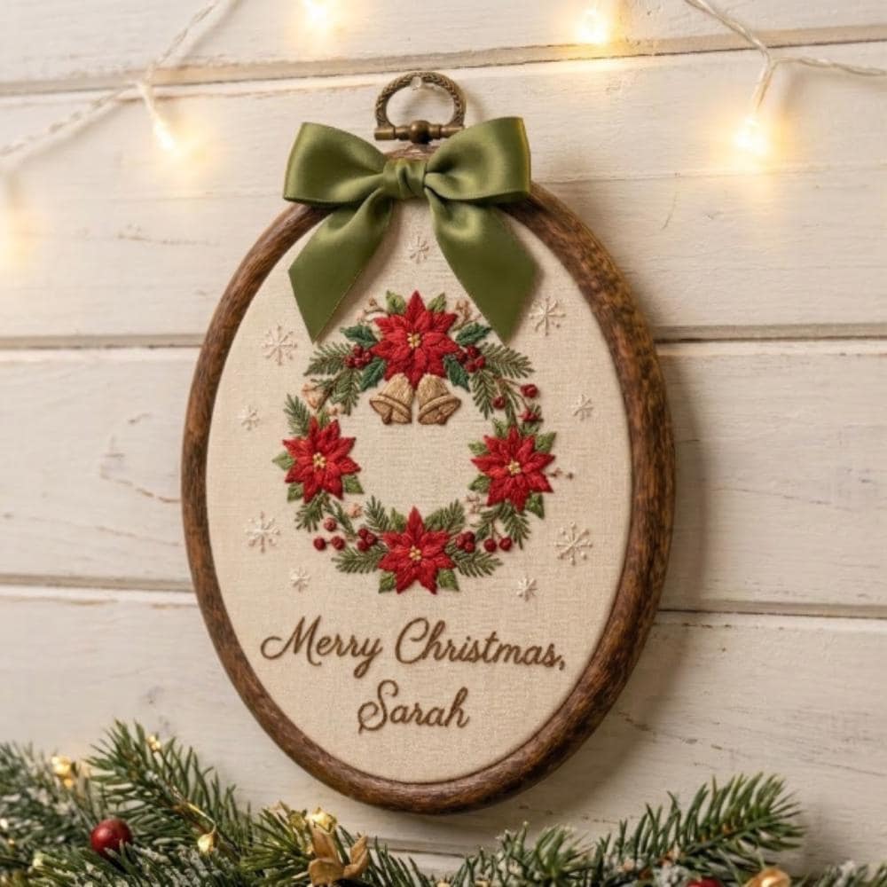 Personalized Christmas Poinsettia Wreath Embroidery Art, Custom Name Holiday Wall Hanging, Festive Home Decor YB1603