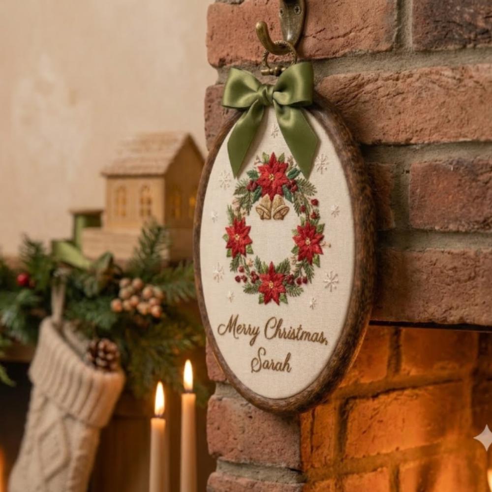 Personalized Christmas Poinsettia Wreath Embroidery Art, Custom Name Holiday Wall Hanging, Festive Home Decor YB1603 - Media 2