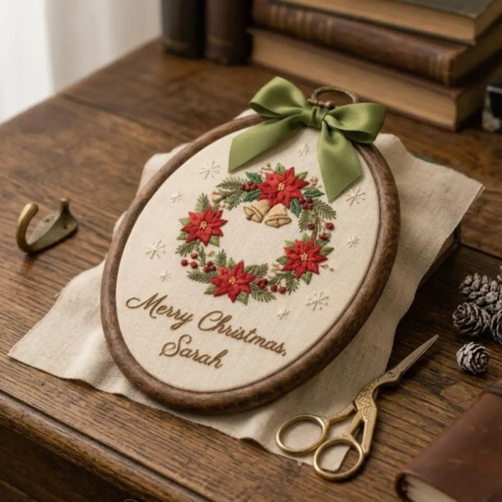 Personalized Christmas Poinsettia Wreath Embroidery Art, Custom Name Holiday Wall Hanging, Festive Home Decor YB1603 - Media 3