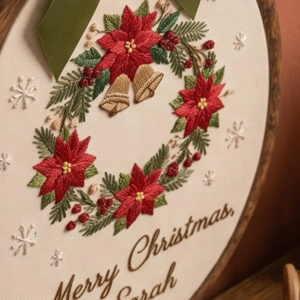 Personalized Christmas Poinsettia Wreath Embroidery Art, Custom Name Holiday Wall Hanging, Festive Home Decor YB1603 - Media 4