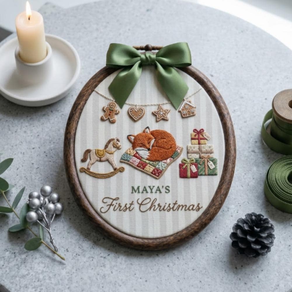 Personalized Baby's First Christmas Embroidery Art, Custom Name Nursery Wall Hanging, Sleeping Fox Woodland Decor YB1603