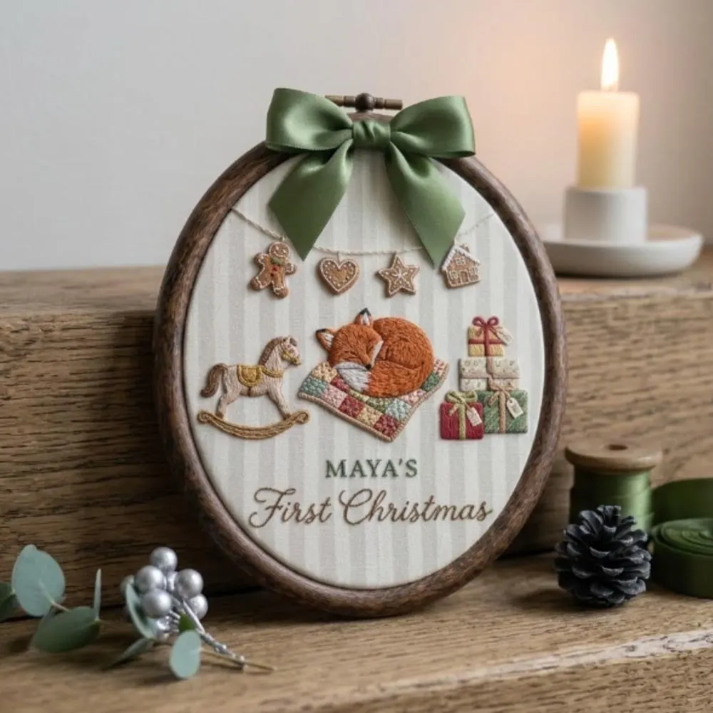 Personalized Baby's First Christmas Embroidery Art, Custom Name Nursery Wall Hanging, Sleeping Fox Woodland Decor YB1603 - Media 2