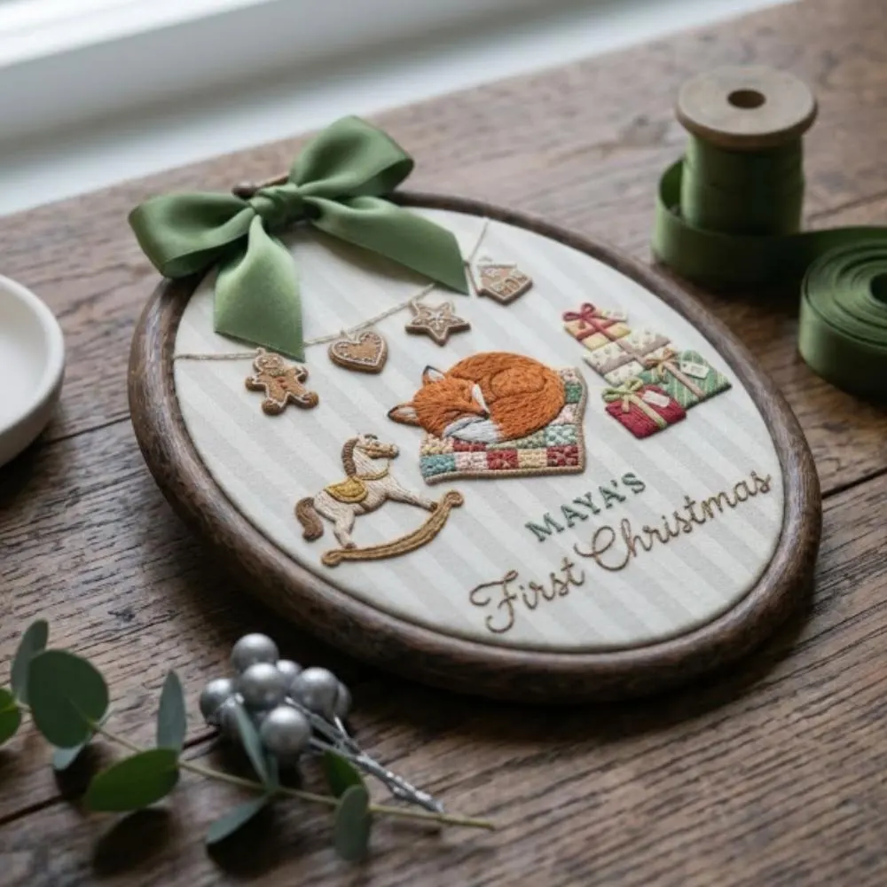 Personalized Baby's First Christmas Embroidery Art, Custom Name Nursery Wall Hanging, Sleeping Fox Woodland Decor YB1603 - Media 3