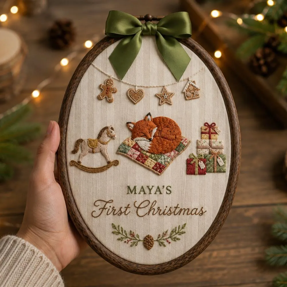 Personalized Baby's First Christmas Embroidery Art, Custom Name Nursery Wall Hanging, Sleeping Fox Woodland Decor YB1603 - Media 4