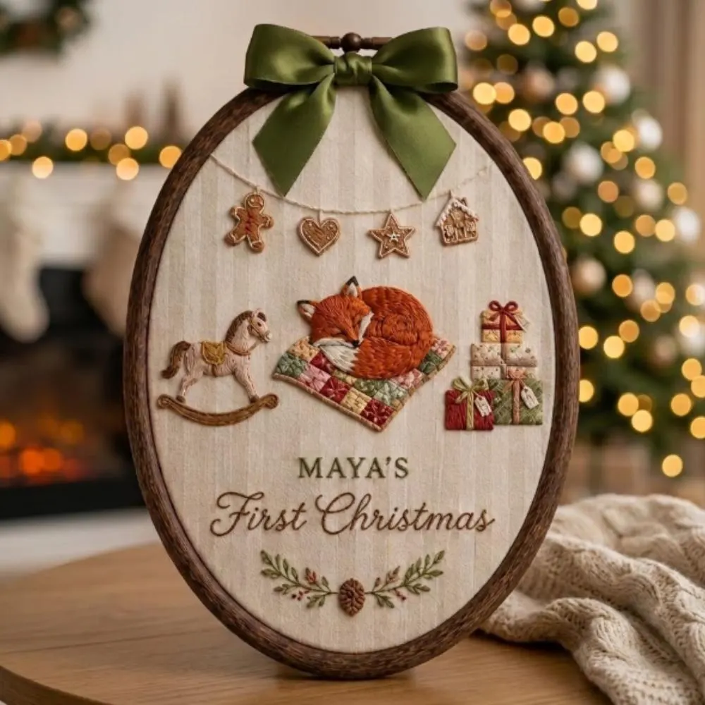 Personalized Baby's First Christmas Embroidery Art, Custom Name Nursery Wall Hanging, Sleeping Fox Woodland Decor YB1603 - Media 5