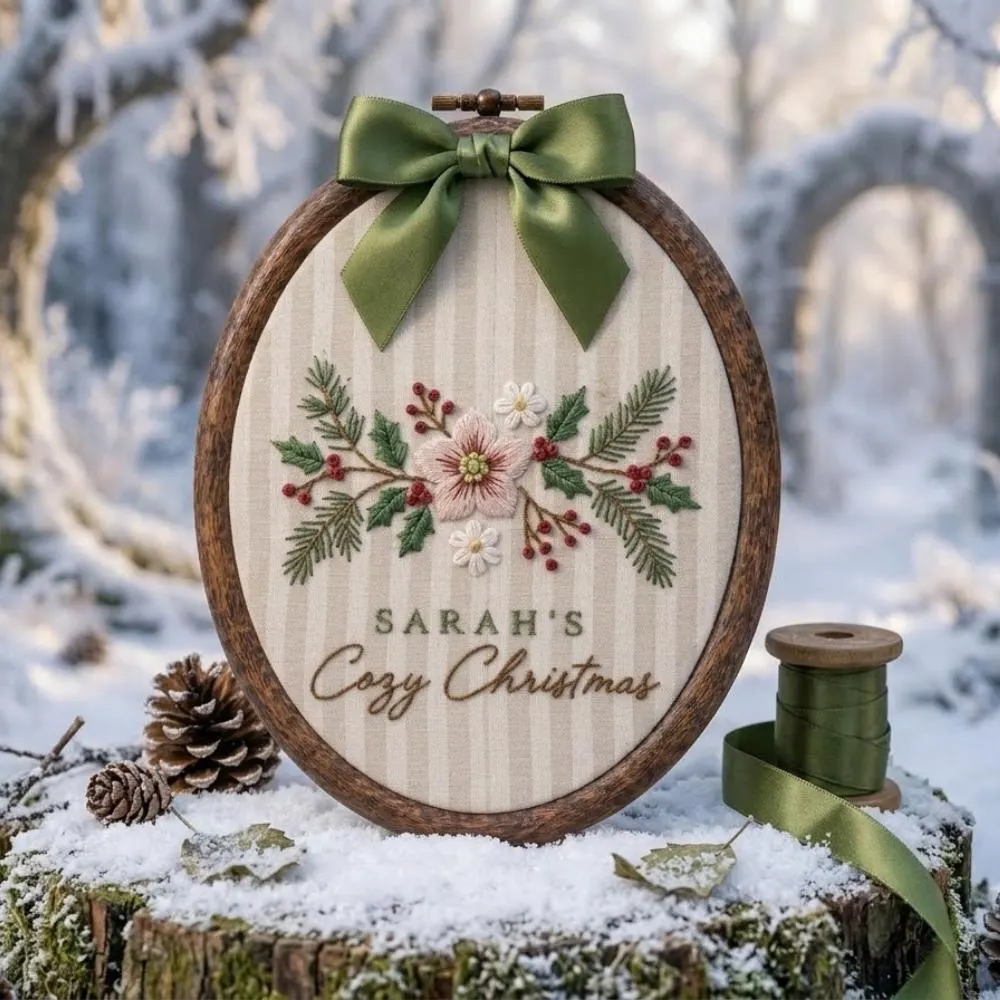 Personalized Cozy Christmas Wall Art, Custom Name Holiday Decor, Embroidered Winter Floral Oval Hoop, Sage Green Christmas Gift YB1603