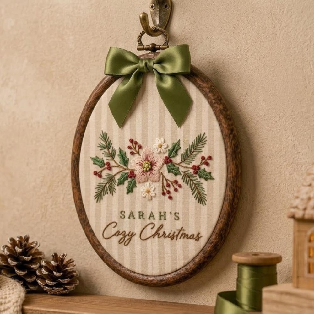 Personalized Cozy Christmas Wall Art, Custom Name Holiday Decor, Embroidered Winter Floral Oval Hoop, Sage Green Christmas Gift YB1603 - Media 2