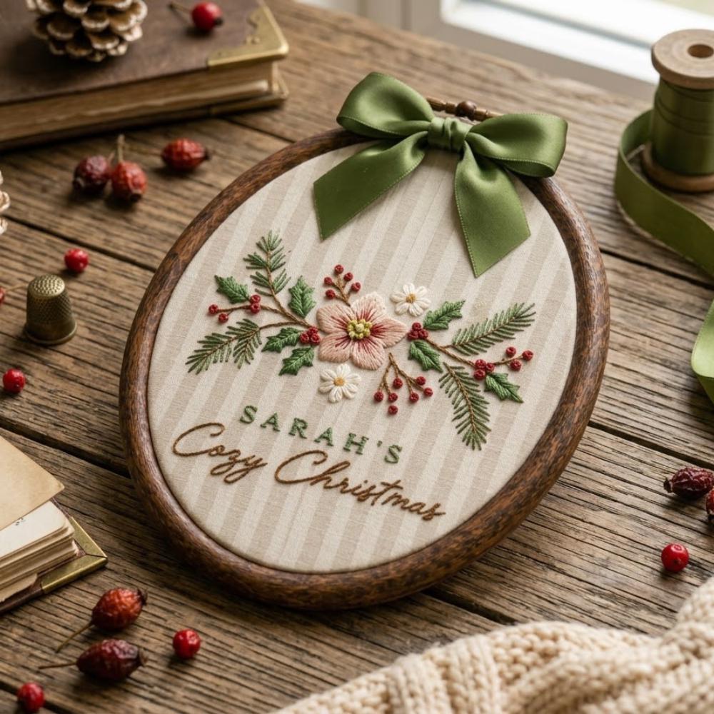 Personalized Cozy Christmas Wall Art, Custom Name Holiday Decor, Embroidered Winter Floral Oval Hoop, Sage Green Christmas Gift YB1603 - Media 3