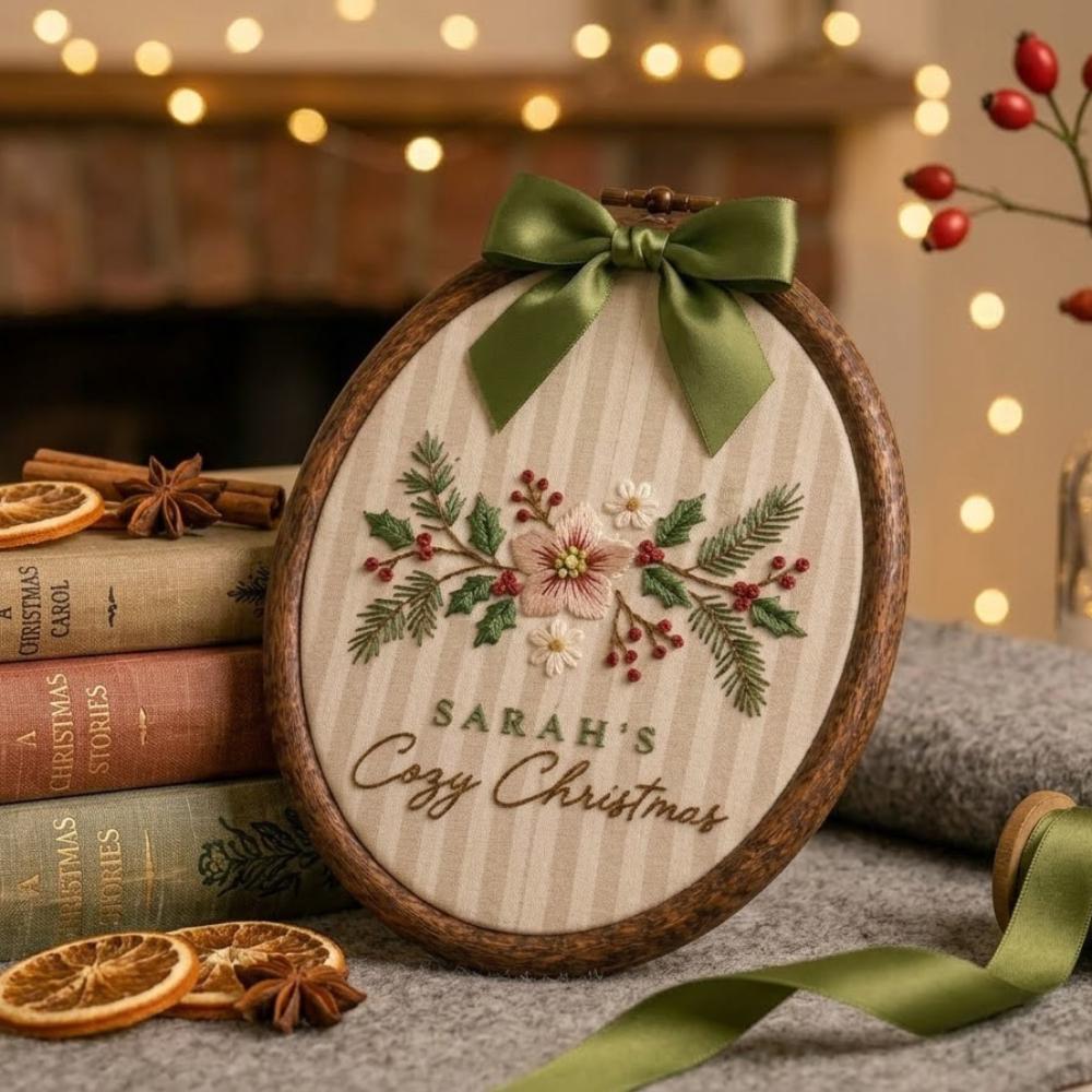 Personalized Cozy Christmas Wall Art, Custom Name Holiday Decor, Embroidered Winter Floral Oval Hoop, Sage Green Christmas Gift YB1603 - Media 4