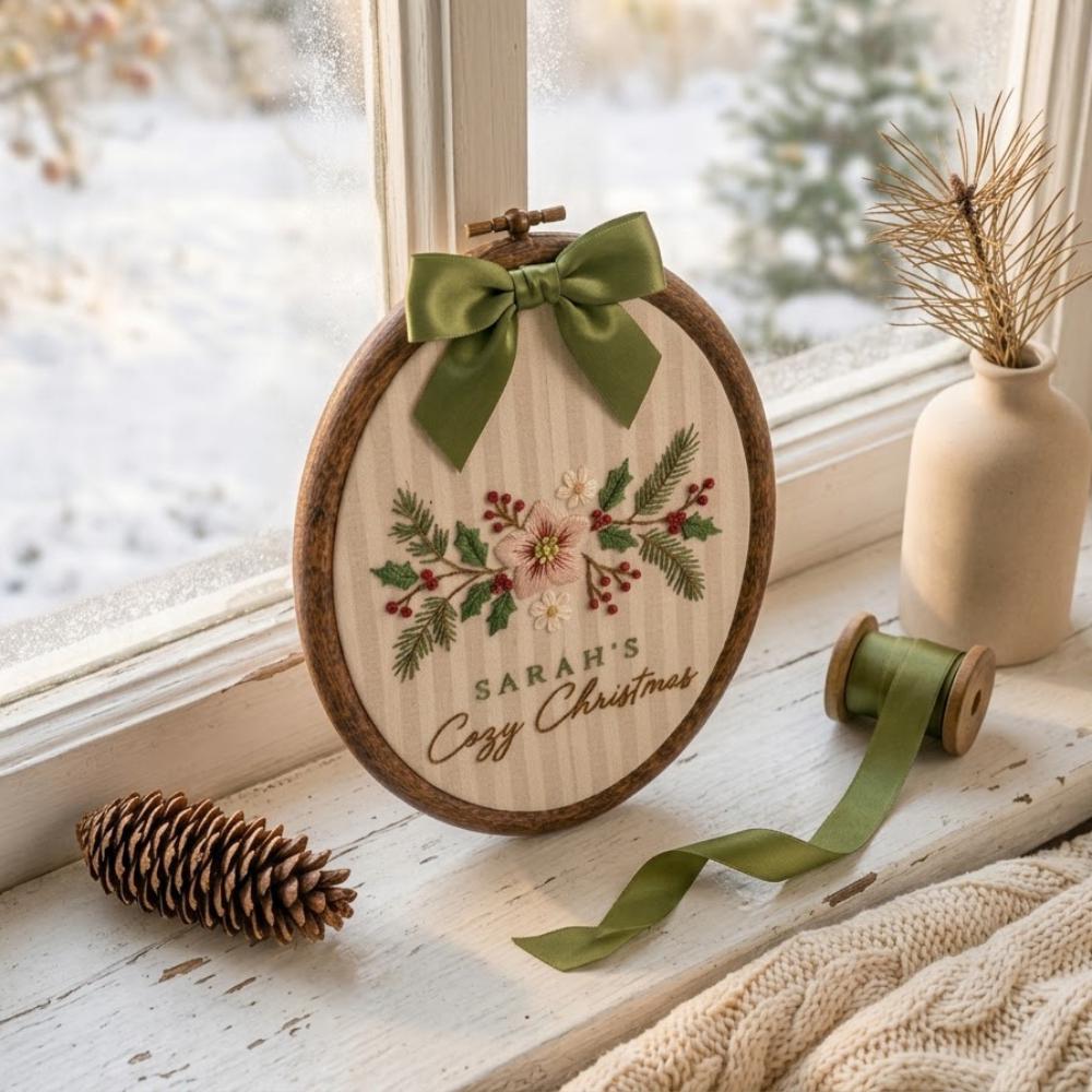 Personalized Cozy Christmas Wall Art, Custom Name Holiday Decor, Embroidered Winter Floral Oval Hoop, Sage Green Christmas Gift YB1603 - Media 5
