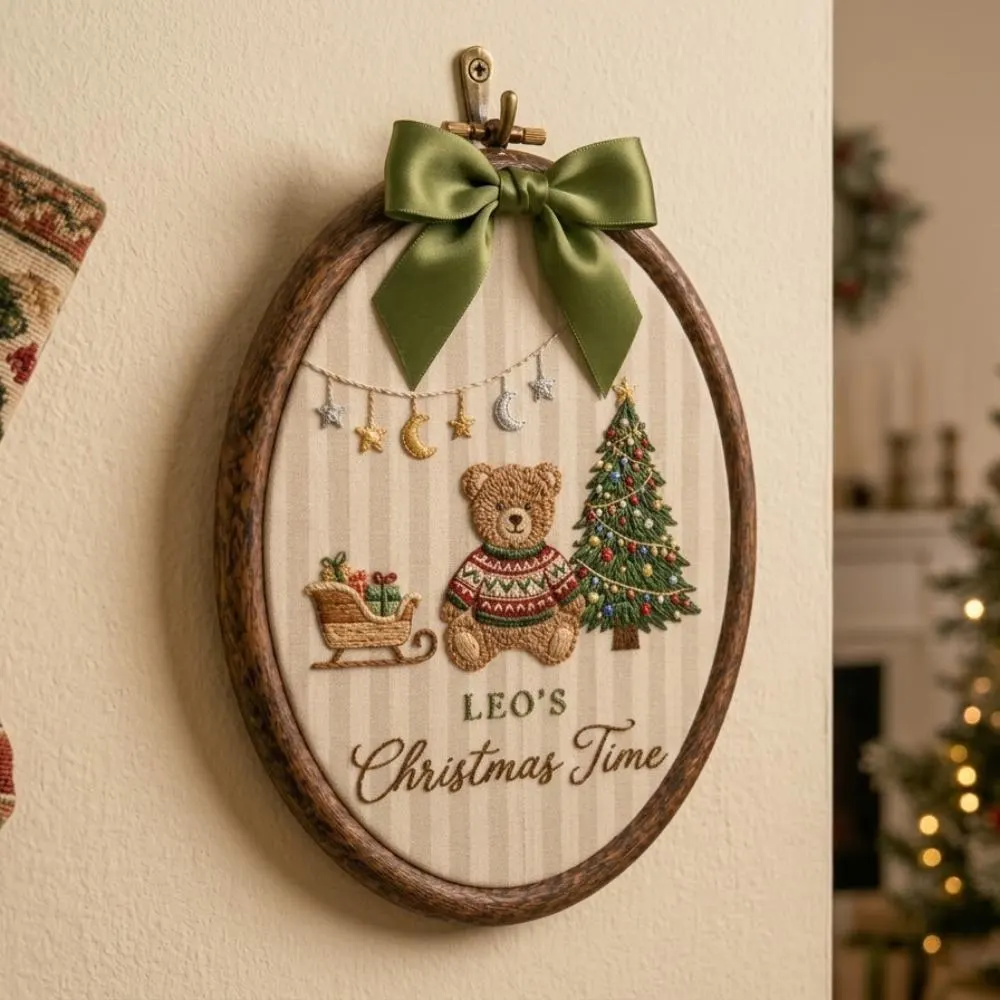 Personalized Christmas Embroidery Art, Custom Baby's First Christmas Gift, Teddy Bear and Tree Wall Decor, Oval Holiday Hoop Hanging YB1603