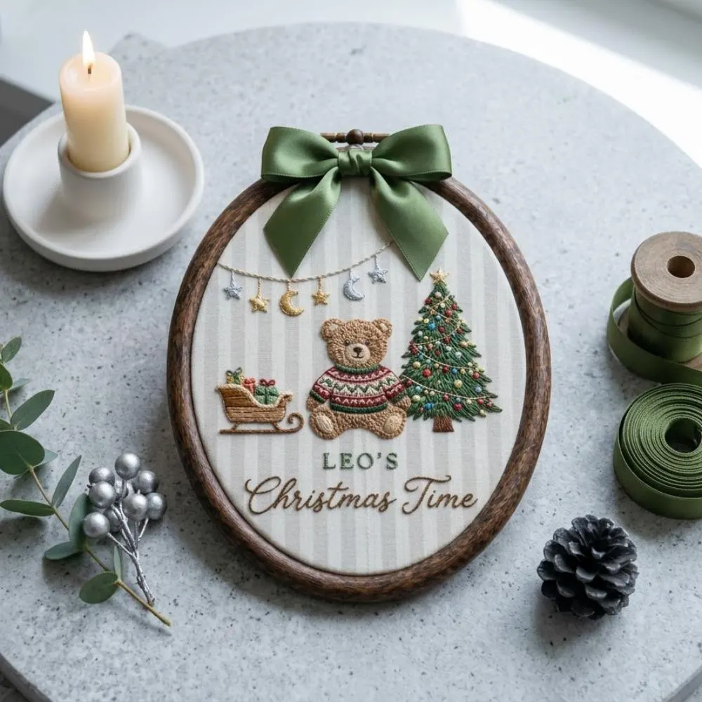 Personalized Christmas Embroidery Art, Custom Baby's First Christmas Gift, Teddy Bear and Tree Wall Decor, Oval Holiday Hoop Hanging YB1603 - Media 2