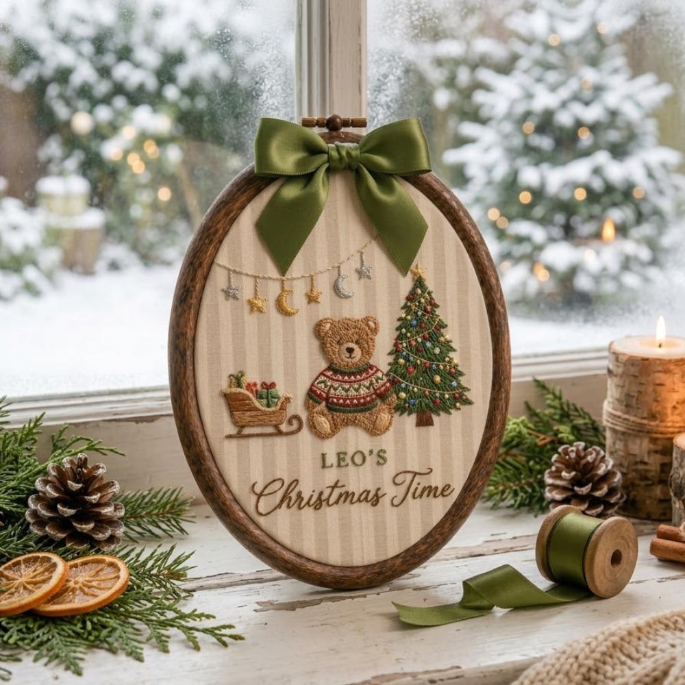 Personalized Christmas Embroidery Art, Custom Baby's First Christmas Gift, Teddy Bear and Tree Wall Decor, Oval Holiday Hoop Hanging YB1603 - Media 3