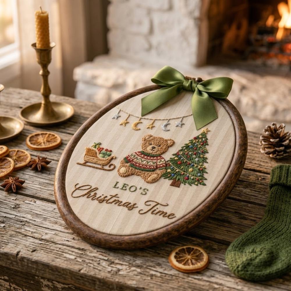 Personalized Christmas Embroidery Art, Custom Baby's First Christmas Gift, Teddy Bear and Tree Wall Decor, Oval Holiday Hoop Hanging YB1603 - Media 4