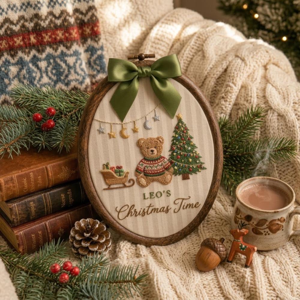 Personalized Christmas Embroidery Art, Custom Baby's First Christmas Gift, Teddy Bear and Tree Wall Decor, Oval Holiday Hoop Hanging YB1603 - Media 5