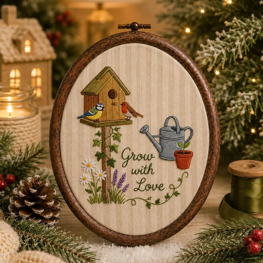 Grow with Love Embroidered Wall Art, Garden Birdhouse & Birds Decor, Unique Gift for Gardeners, Cottagecore Floral Oval Hoop Hanging YB1603