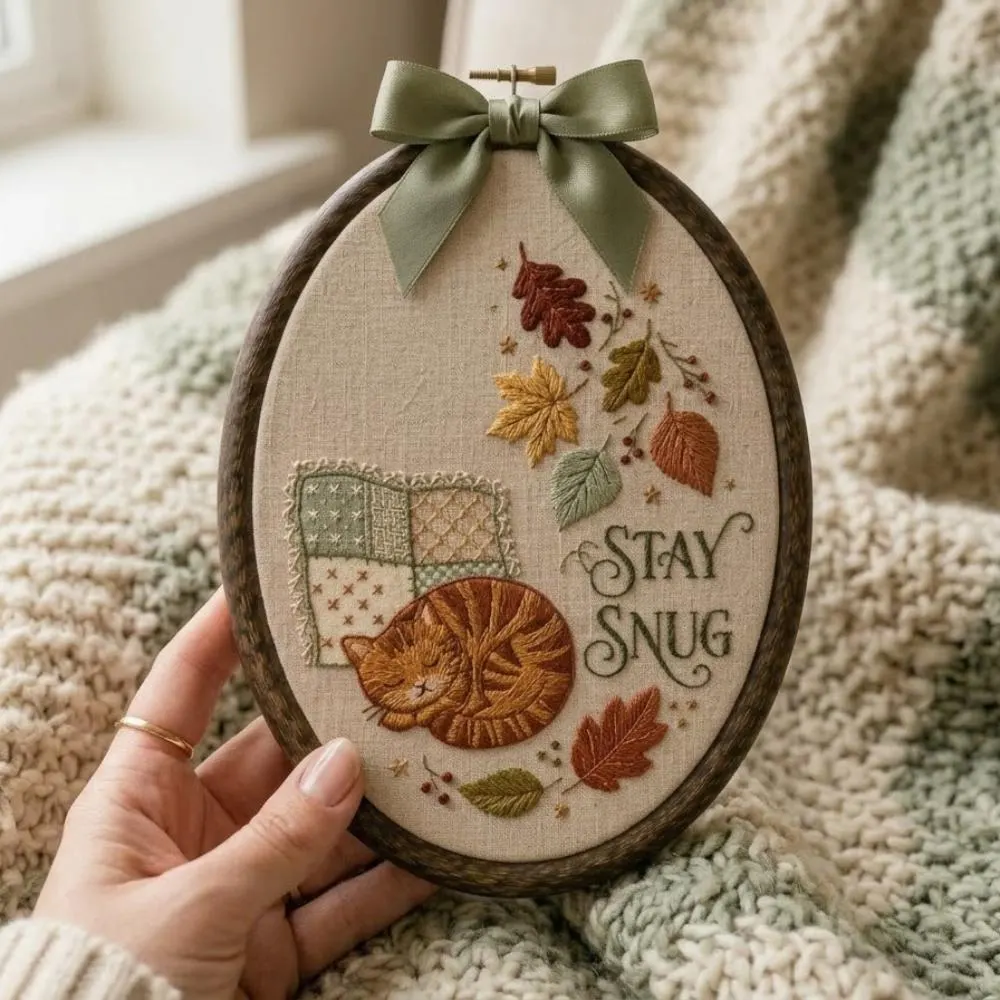 Stay Snug Embroidered Cat Wall Art, Autumn Fall Leaf Decor, Sleeping Orange Tabby Cat Gift, Hygge Cottagecore Wall Hanging YB1603